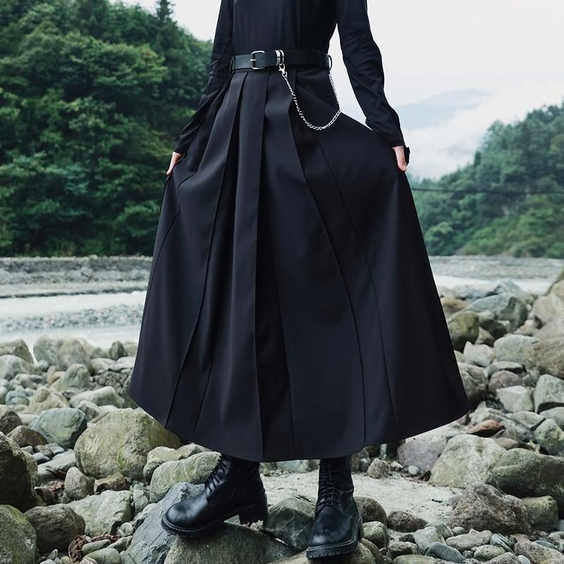 【大青龍肆シリーズ】ロング丈スカート ベルト付き プリーツスカート エレガント 着痩せ ブラック - ChinChic