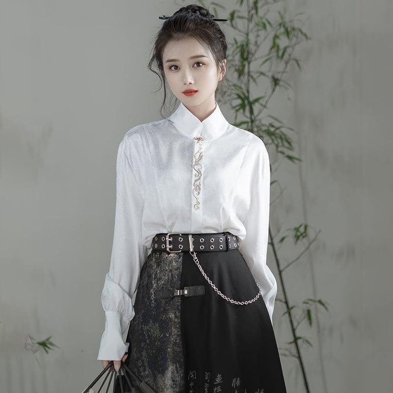 ✿新作!【卿棠---雲中君シリーズ】★チャイナ風シャツ★ 長袖シャツ 刺繍 中華服 合わせやすい 男女兼用 メンズ ホワイト 白い - ChinChic
