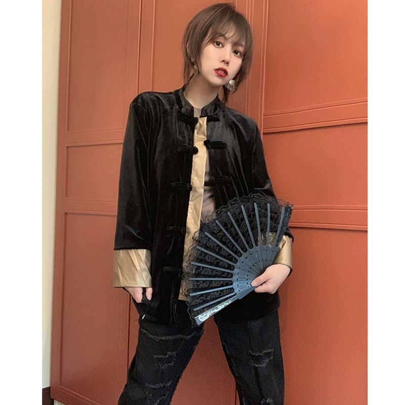 【東家シリーズ】★チャイナ風コート★ ベルベット アウター チャイナ服 改良唐装 大きいサイズ ブラック 黒 - ChinChic