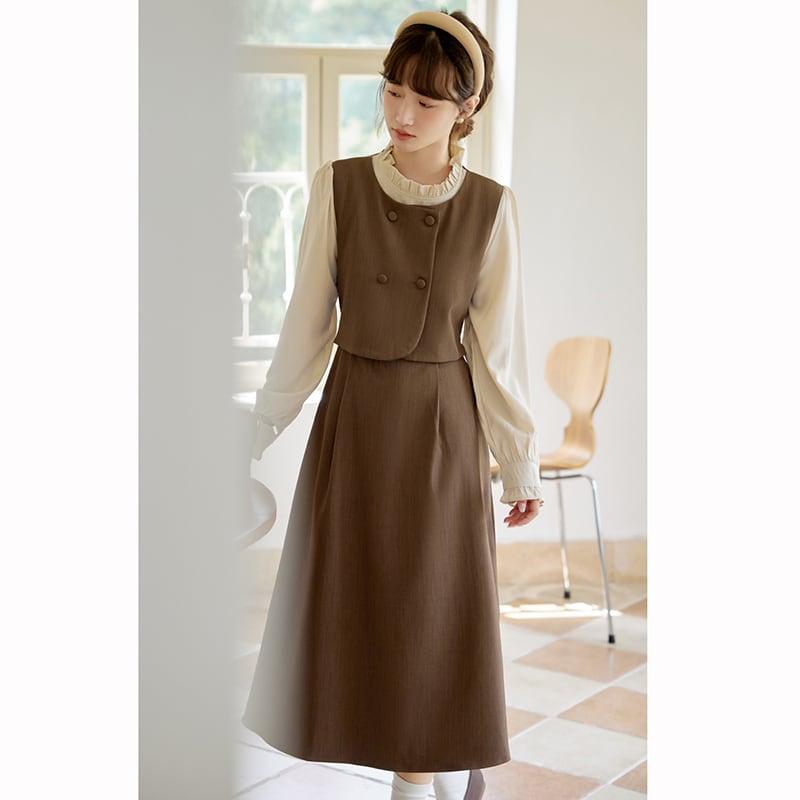【書槿笙シリーズ】★ワンピース★ フェイクレイヤード レディース 可愛い レトロ 秋服 コーヒー色 - ChinChic