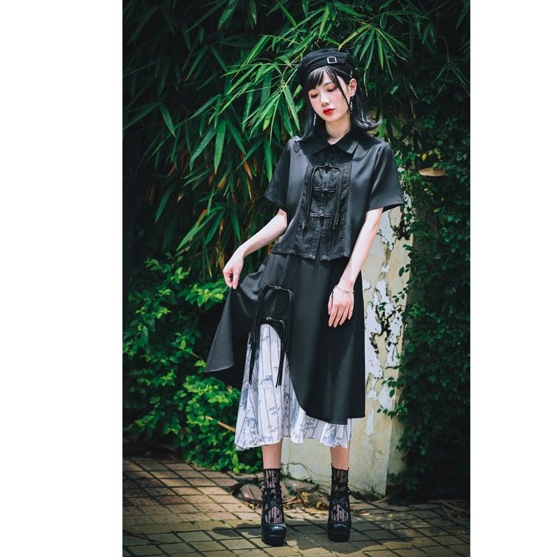 【古怪舍---竹魅シリーズ】★チャイナ風スカート★ フリンジ 中華服 オリジナル 配色 不規則 ブラック 黒い - ChinChic