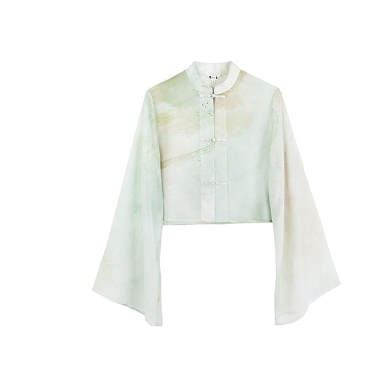 【大青龍肆シリーズ】★チャイナ風シャツ★ トップス 長袖 透け感あり シフォン プリント グリーン 緑 - ChinChic