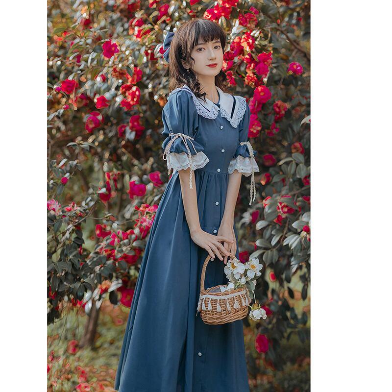 【塵緣曲シリーズ】★ワンピース★ レトロ ドレス 可愛い レディース デート 撮影 デザイン性有り 配色 ブルー 青い - ChinChic