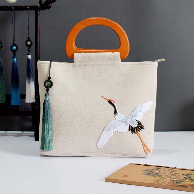 チャイナ風バッグ 刺繍 プレゼント パーティー 通勤 民族風 個性的 鶴柄 リネン ベージュ - ChinChic