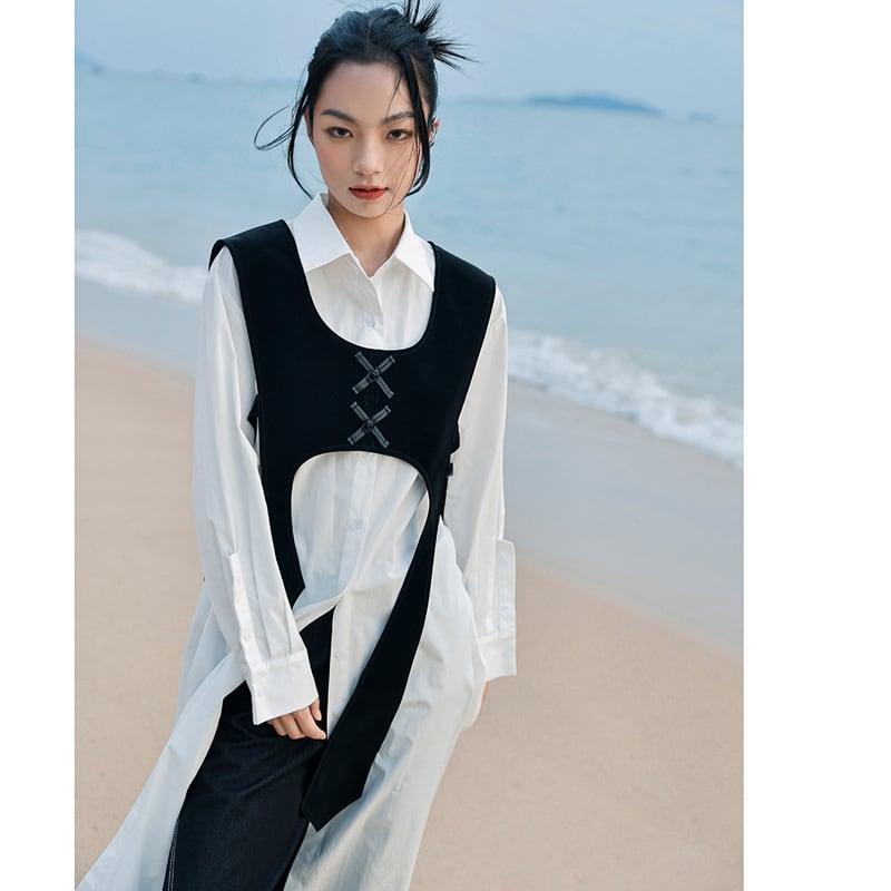 【大青龍肆シリーズ】★チャイナ風シャツ★ ロングシャツ トップス 無地 オリジナル シンプル 合わせやすい 白 - ChinChic
