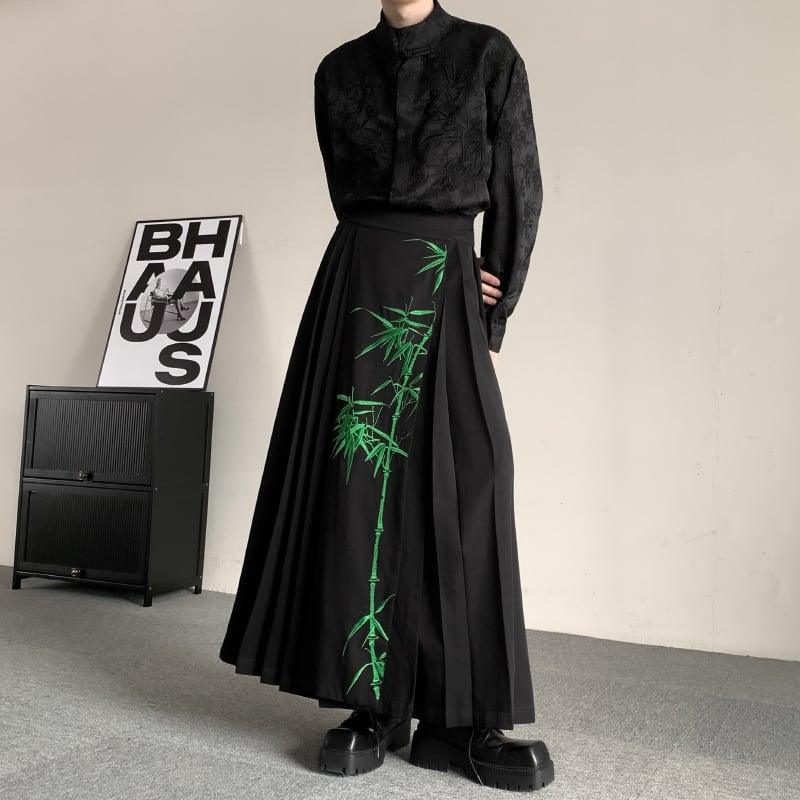 【入画シリーズ】★チャイナ風スカート★ ボトムス 刺繍 竹 まきスカート 漢服スカート チャイナ服 ブラック 黒い - ChinChic