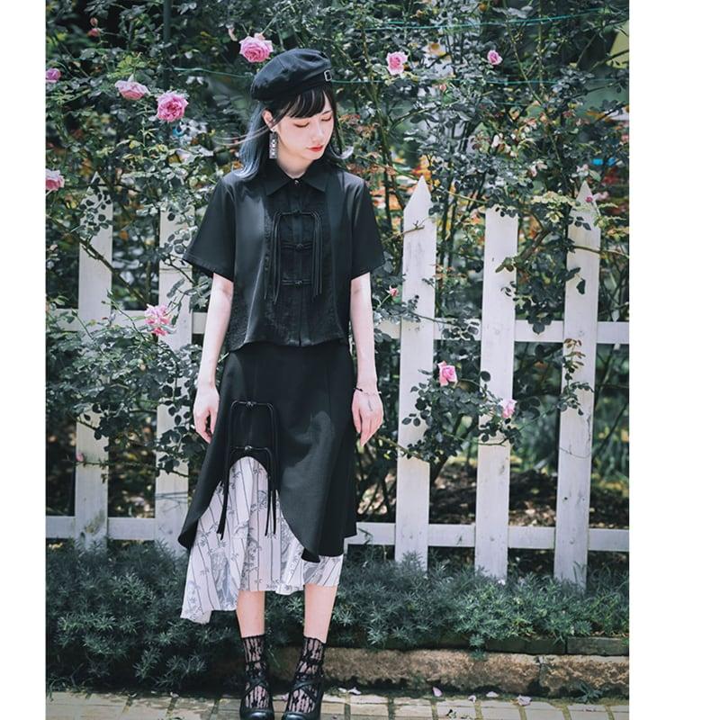 【古怪舍---竹魅シリーズ】★チャイナ風スカート★ フリンジ 中華服 オリジナル 配色 不規則 ブラック 黒い - ChinChic