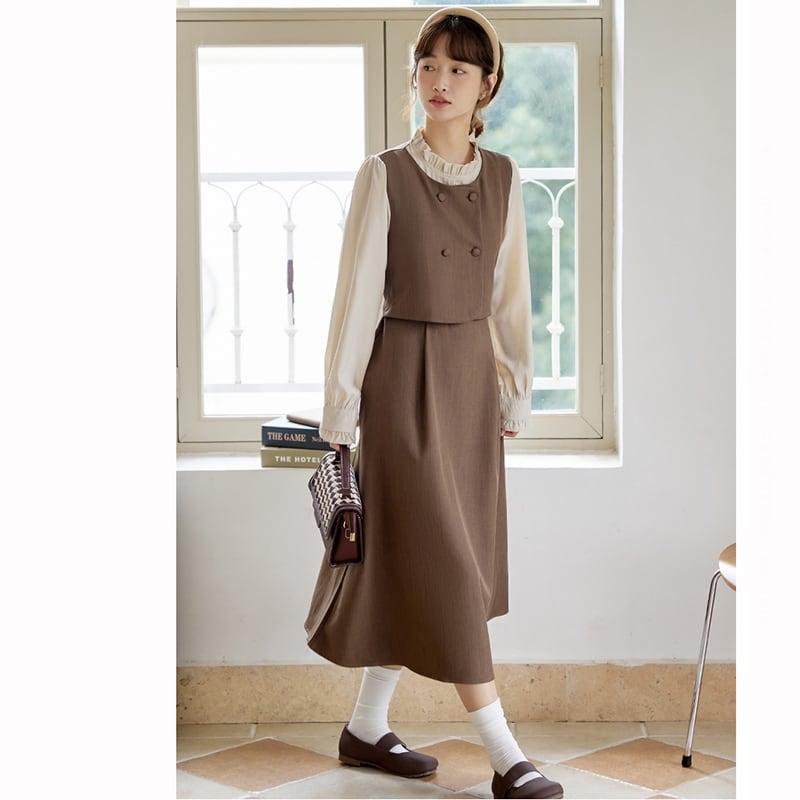 【書槿笙シリーズ】★ワンピース★ フェイクレイヤード レディース 可愛い レトロ 秋服 コーヒー色 - ChinChic