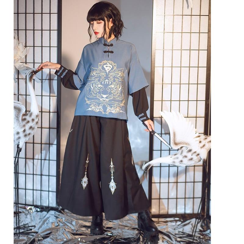【卿棠シリーズ】★チャイナ風ズボン★ 刺繍 男女兼用衣装 カップル服 メンズ ガウチョパンツ ブラック 黒い - ChinChic