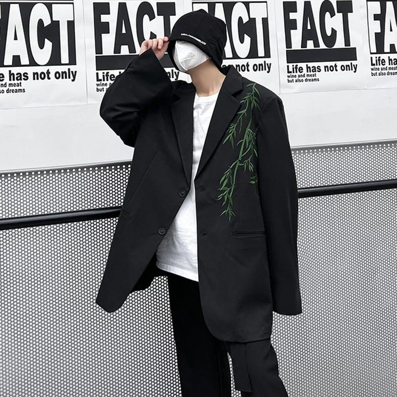 【入画シリーズ】★チャイナ風アウター★ ブレザー 竹 刺繍 男女兼用 メンズ ブラック 黒い かっこいい - ChinChic