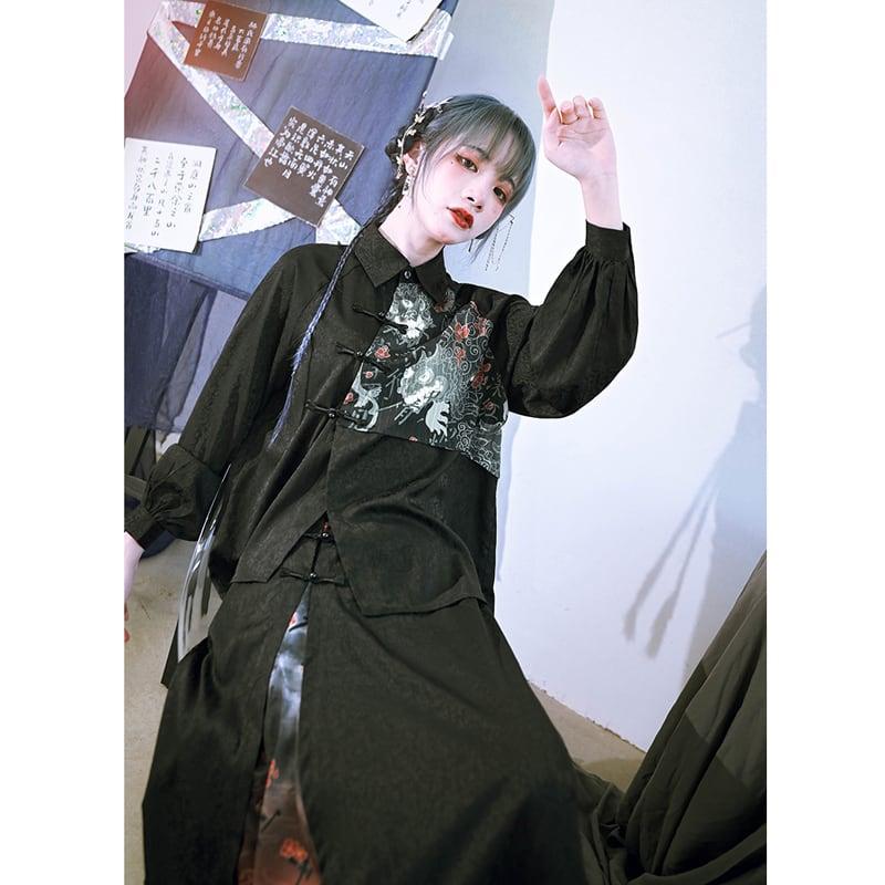 【古怪舍---咬文嚼字シリーズ】★チャイナ風シャツ★ 切り替え プリント 切り替え ブラック 黒い 原宿風 - ChinChic