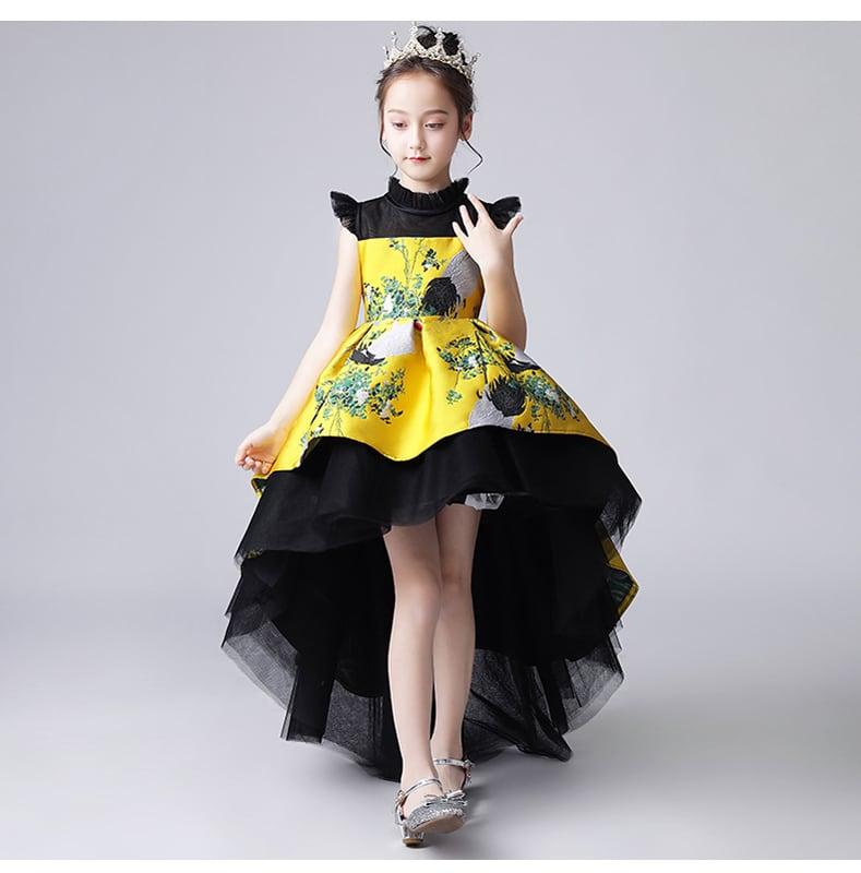子どもドレス スタンドネック キッズドレス ジュニア フォーマル用 ピアノ発表会 結婚式 ステージ 子供服 女の子 ロングドレス ワンピース イエロー ブラック - ChinChic
