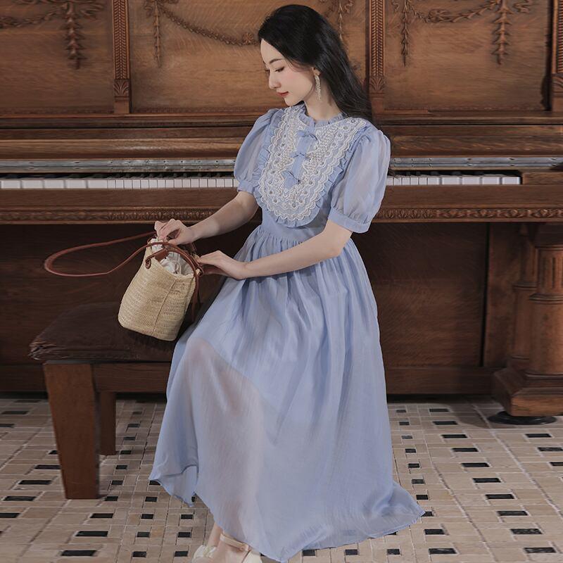 【華莎の城シリーズ】★ワンピース★ ドレス スウィート 可愛い 通勤 結婚式 デート 夏服 ブルー 青い - ChinChic