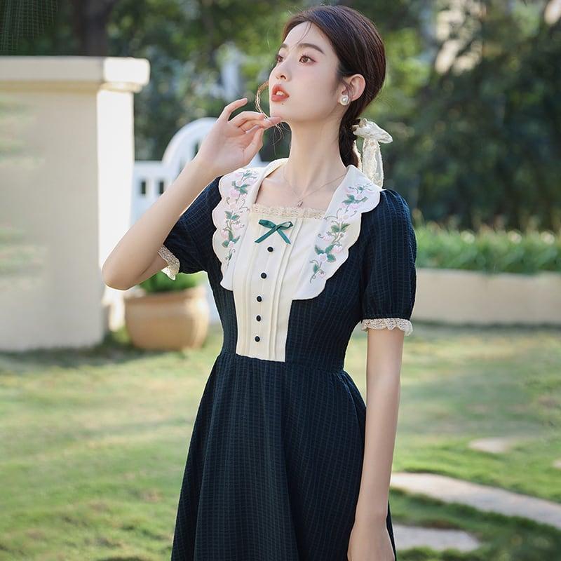 【南柯夢シリーズ】★ワンピース★ 刺繍 女子会 デート セクシー 気質アップ レトロ 緑 半袖ワンピ 夏服 - ChinChic