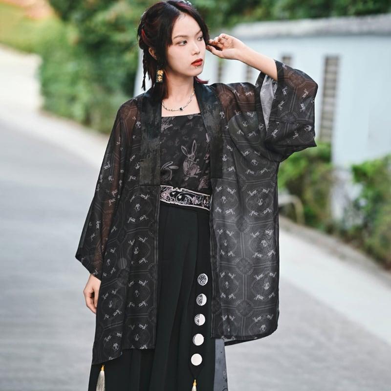 【古怪舍---卯兔シリーズ】★チャイナ風法被★ トップス シフォン 薄い ブラック 黒い 夏服 合わせやすい - ChinChic