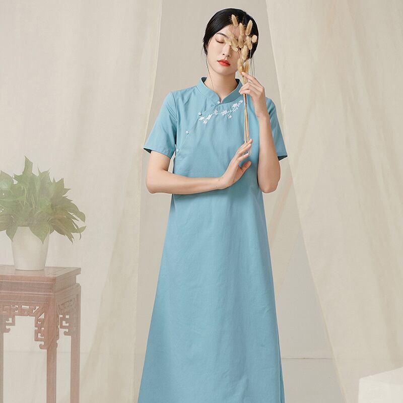 【宋姿シリーズ】★チャイナ風ワンピース★ 刺繍入り ロング丈 半袖 夏服 春服 ブルー 青い チャイナ服 - ChinChic