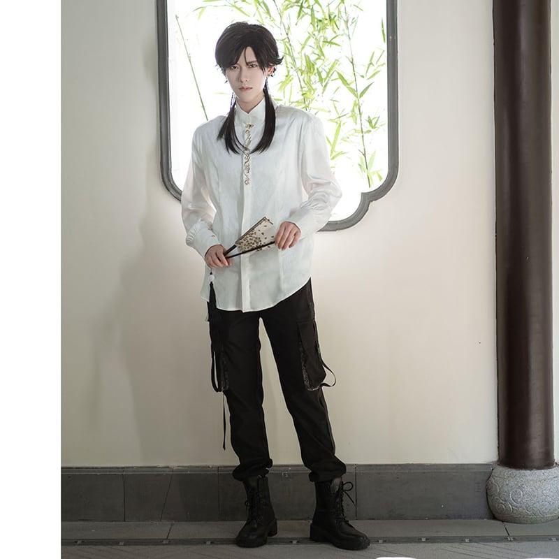 ✿新作!【卿棠---雲中君シリーズ】★チャイナ風シャツ★ 長袖シャツ 刺繍 中華服 合わせやすい 男女兼用 メンズ ホワイト 白い - ChinChic