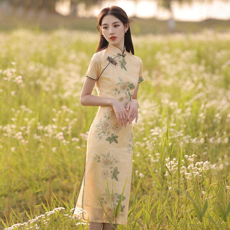 【荷戀情シリーズ】★チャイナドレス★ 花柄ワンピース 中華服 気質アップ ロング丈 パーティー 結婚式 - ChinChic