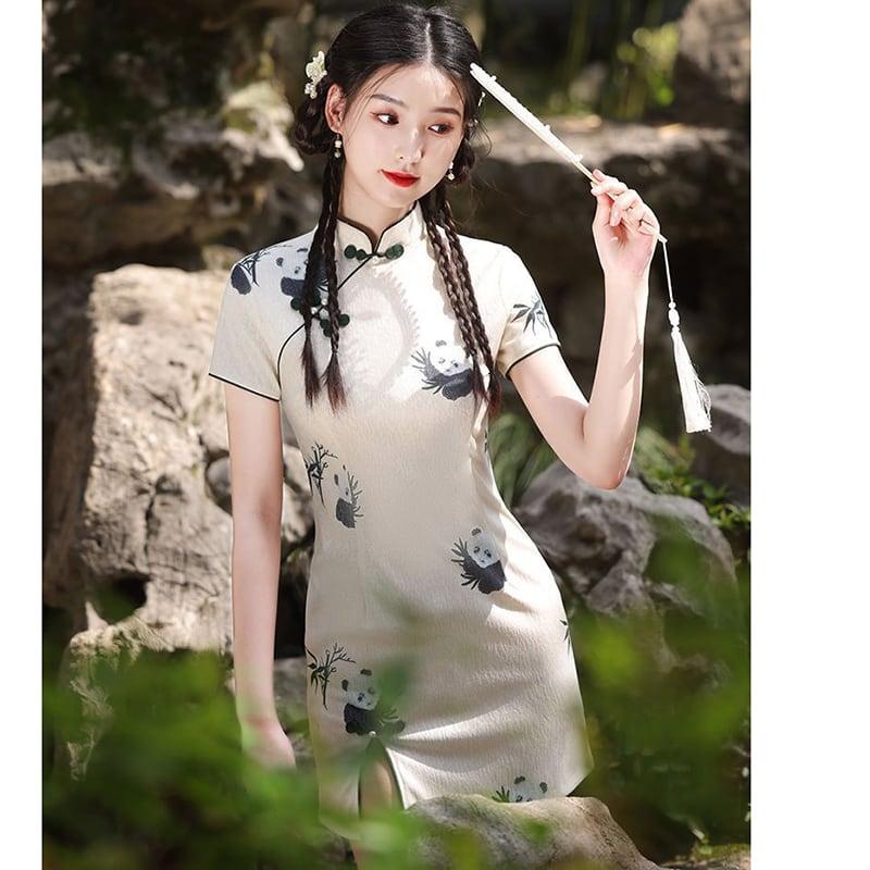 【俏娘魚シリーズ】★チャイナドレス★ショート丈 チャイナ風ワンピース パンダ 可愛い 着痩せ - ChinChic