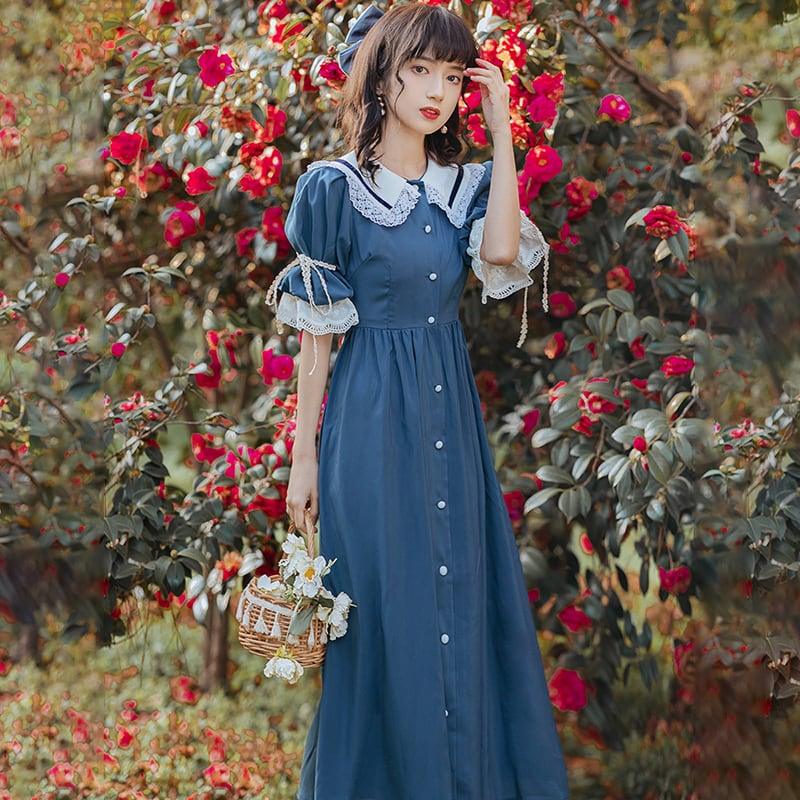 【塵緣曲シリーズ】★ワンピース★ レトロ ドレス 可愛い レディース デート 撮影 デザイン性有り 配色 ブルー 青い - ChinChic