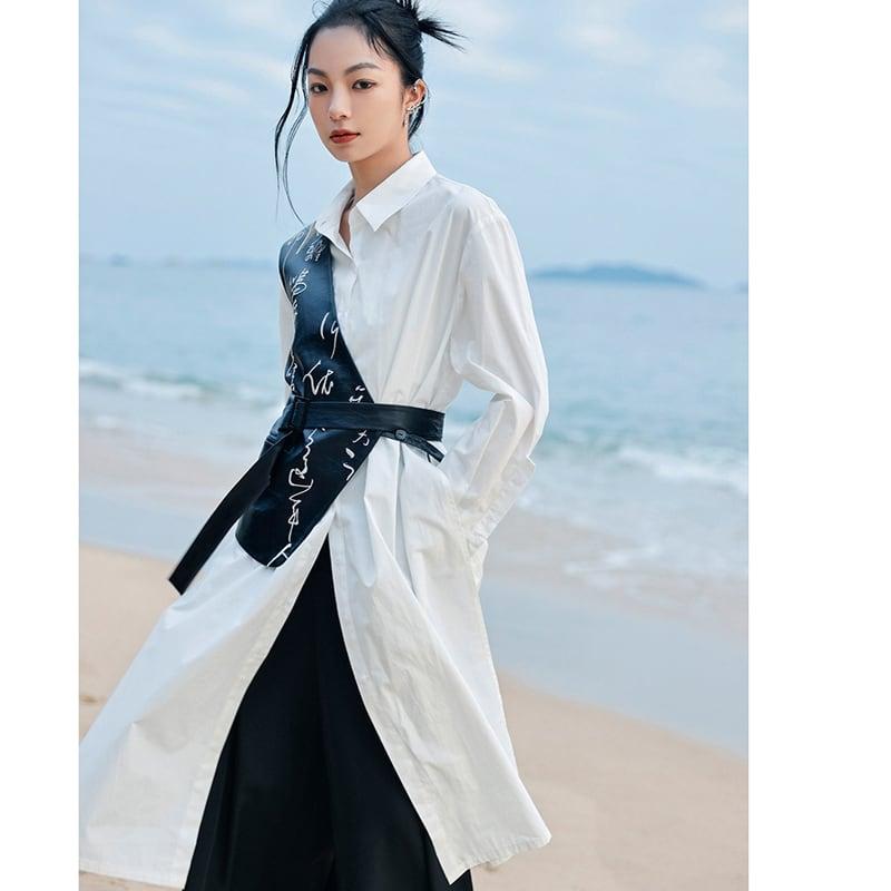 【大青龍肆シリーズ】★チャイナ風シャツ★ ロングシャツ トップス 無地 オリジナル シンプル 合わせやすい 白 - ChinChic