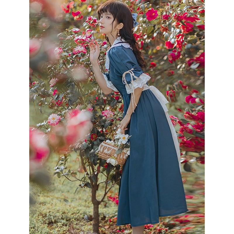 【塵緣曲シリーズ】★ワンピース★ レトロ ドレス 可愛い レディース デート 撮影 デザイン性有り 配色 ブルー 青い - ChinChic