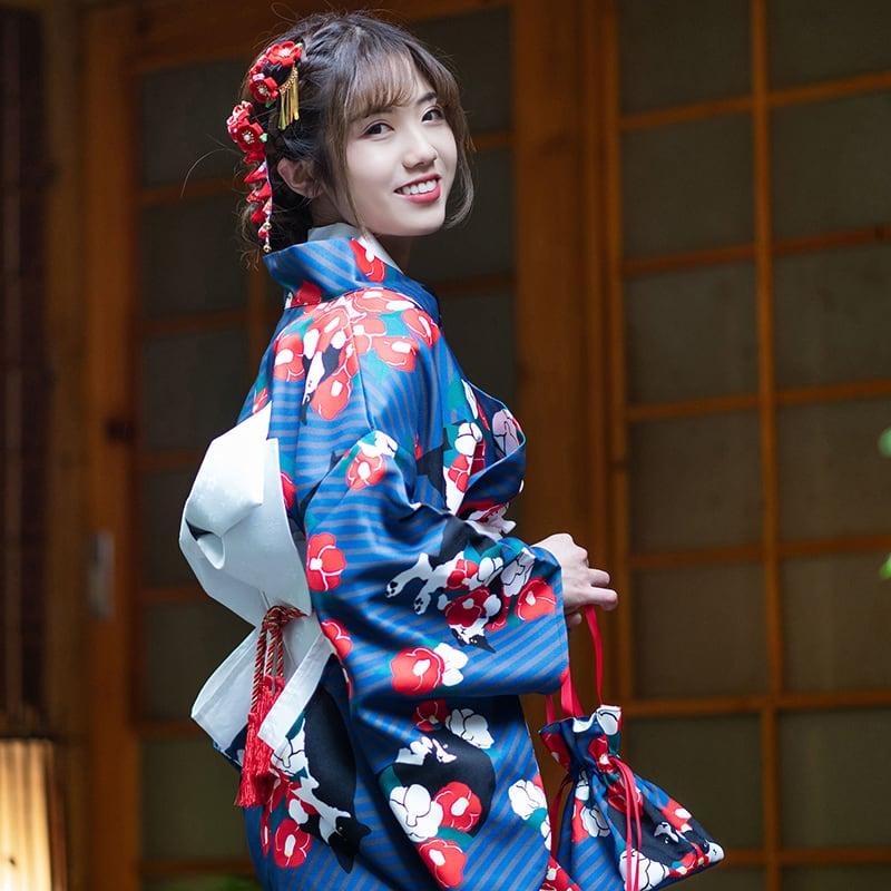 【青木元シリーズ】★ゆかた+帯★ ゆかた 浴衣 花火大会 お祭り 女性 和風 デート 花柄 ネコ ねこ 猫 プリント - ChinChic