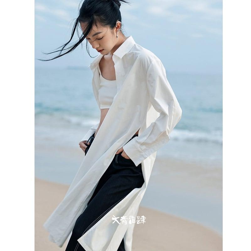 【大青龍肆シリーズ】★チャイナ風シャツ★ ロングシャツ トップス 無地 オリジナル シンプル 合わせやすい 白 - ChinChic