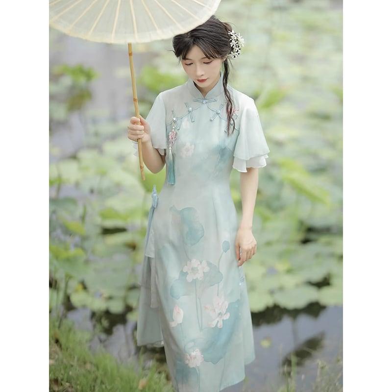 【楓竹---青荷シリーズ】★チャイナ風ワンピース★ 漢服ワンピース 中華服 可愛い プリント 気質アップ - ChinChic