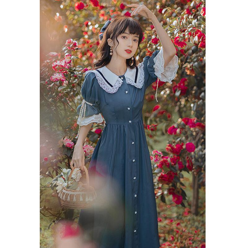 【塵緣曲シリーズ】★ワンピース★ レトロ ドレス 可愛い レディース デート 撮影 デザイン性有り 配色 ブルー 青い - ChinChic