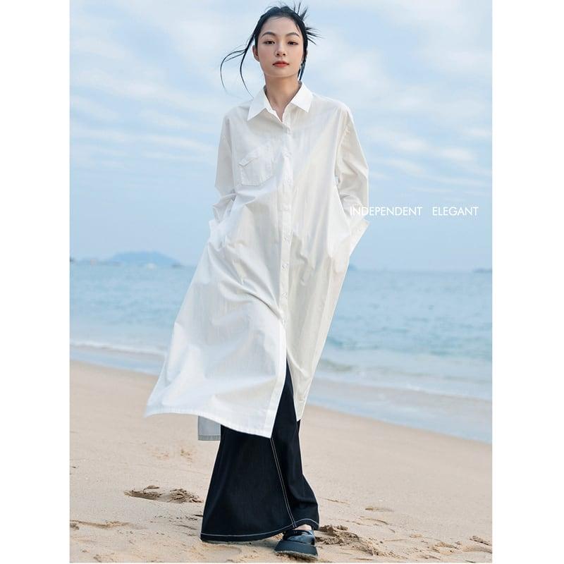 【大青龍肆シリーズ】★チャイナ風シャツ★ ロングシャツ トップス 無地 オリジナル シンプル 合わせやすい 白 - ChinChic