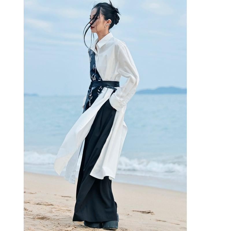 【大青龍肆シリーズ】★チャイナ風シャツ★ ロングシャツ トップス 無地 オリジナル シンプル 合わせやすい 白 - ChinChic