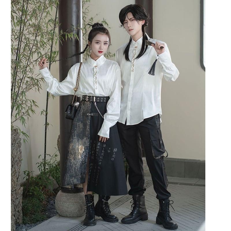 ✿新作!【卿棠---雲中君シリーズ】★チャイナ風シャツ★ 長袖シャツ 刺繍 中華服 合わせやすい 男女兼用 メンズ ホワイト 白い - ChinChic
