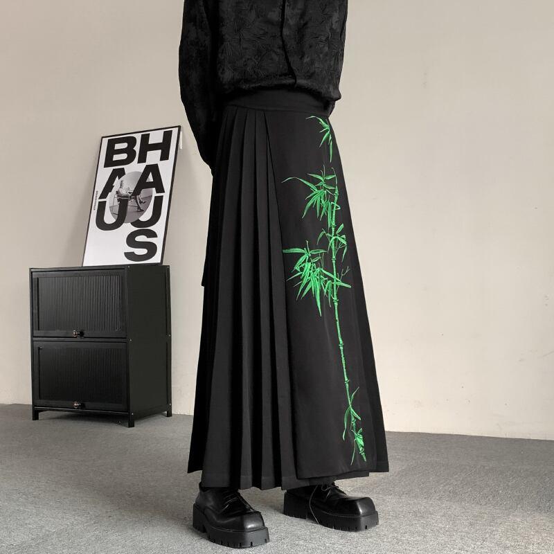 【入画シリーズ】★チャイナ風スカート★ ボトムス 刺繍 竹 まきスカート 漢服スカート チャイナ服 ブラック 黒い - ChinChic