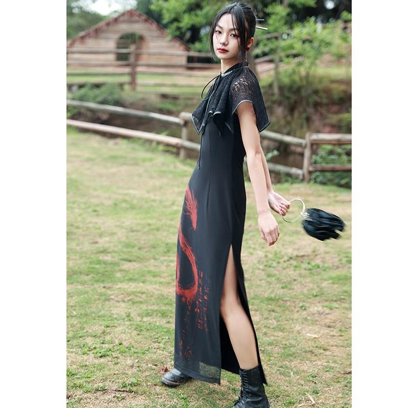 【大青龍肆シリーズ】★チャイナ風ワンピース★ 中華服 オリジナル 着痩せ ロング丈 龍 プリント - ChinChic