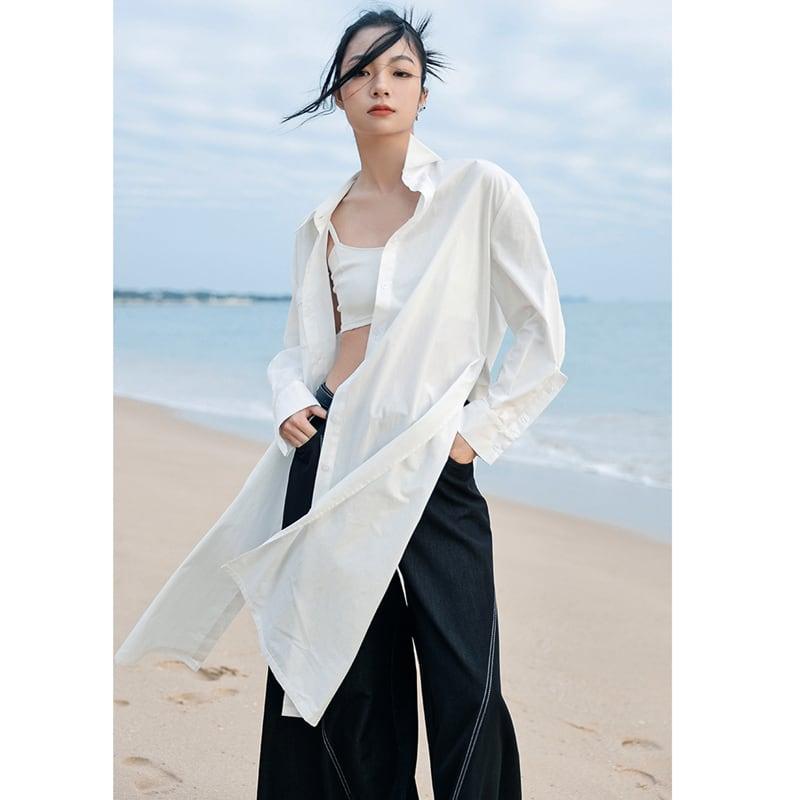 【大青龍肆シリーズ】★チャイナ風シャツ★ ロングシャツ トップス 無地 オリジナル シンプル 合わせやすい 白 - ChinChic