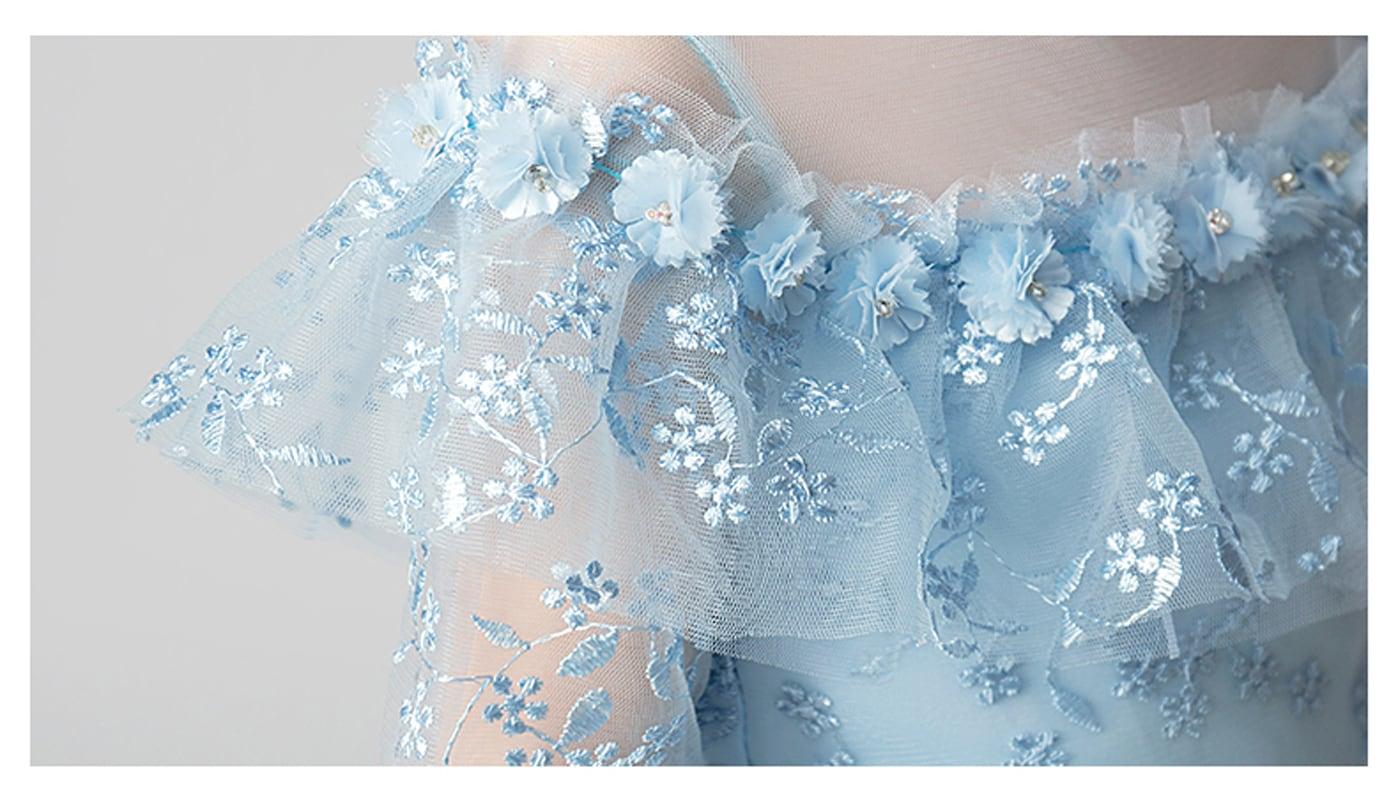 女の子ドレス キッズドレス ラウンドネック 刺繍 五分袖 フォーマル用 演奏会 結婚式 花童 卒業式 子供服 女の子 ワンピース ブルー - ChinChic