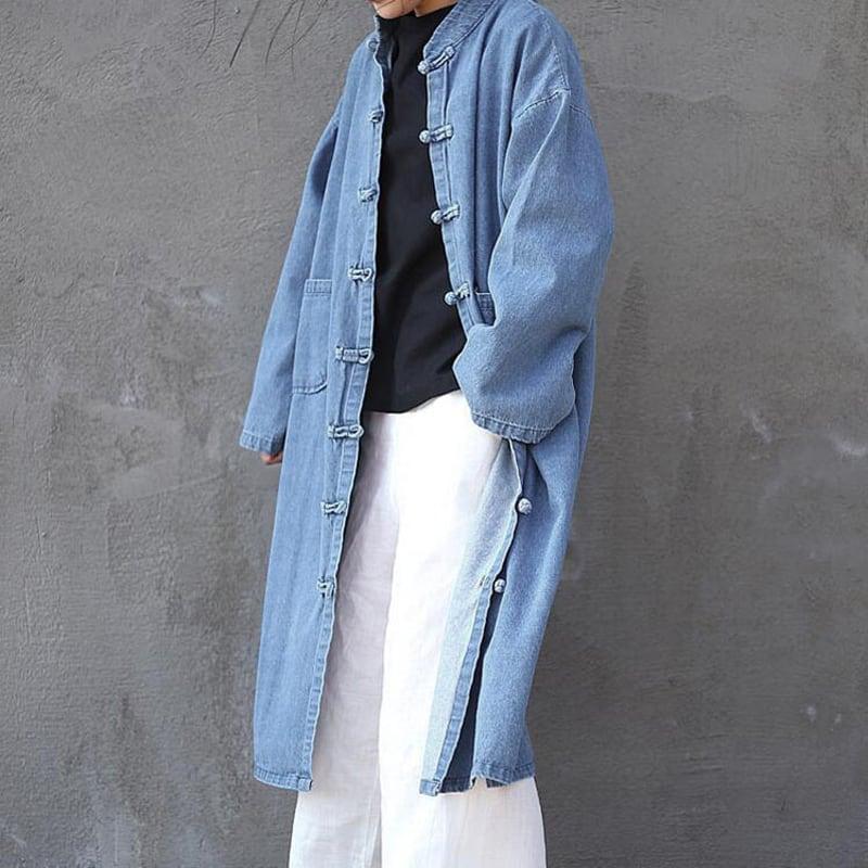 チャイナ風コート アウター ロング丈 デニム 中華服 チャイナ風服 ブルー 青い フリーサイズ - ChinChic