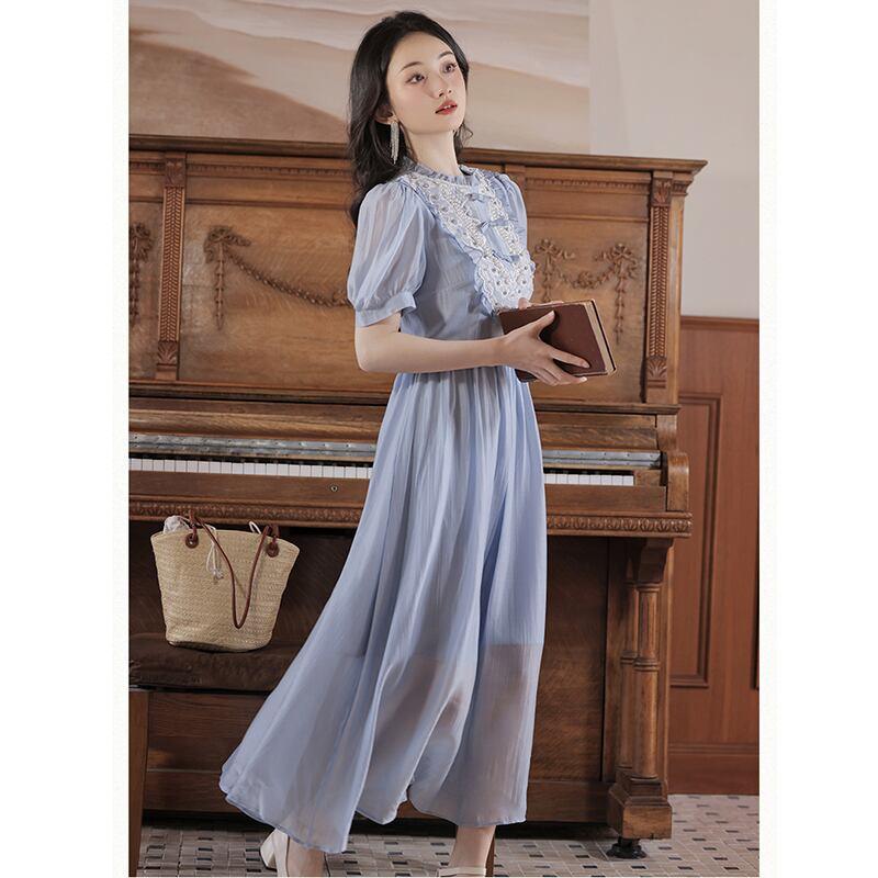 【華莎の城シリーズ】★ワンピース★ ドレス スウィート 可愛い 通勤 結婚式 デート 夏服 ブルー 青い - ChinChic