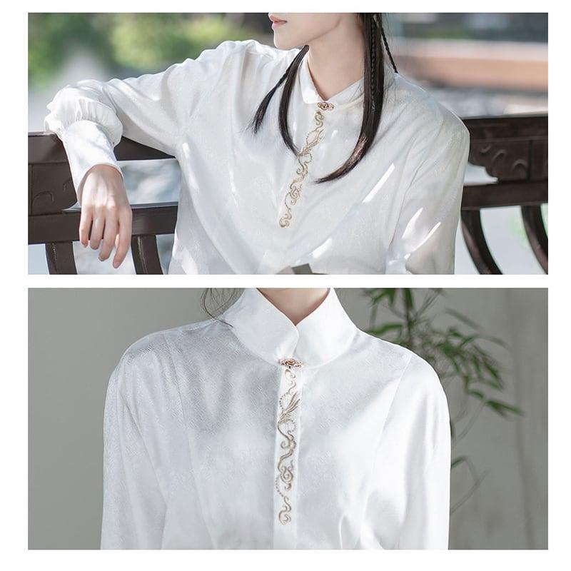 ✿新作!【卿棠---雲中君シリーズ】★チャイナ風シャツ★ 長袖シャツ 刺繍 中華服 合わせやすい 男女兼用 メンズ ホワイト 白い - ChinChic