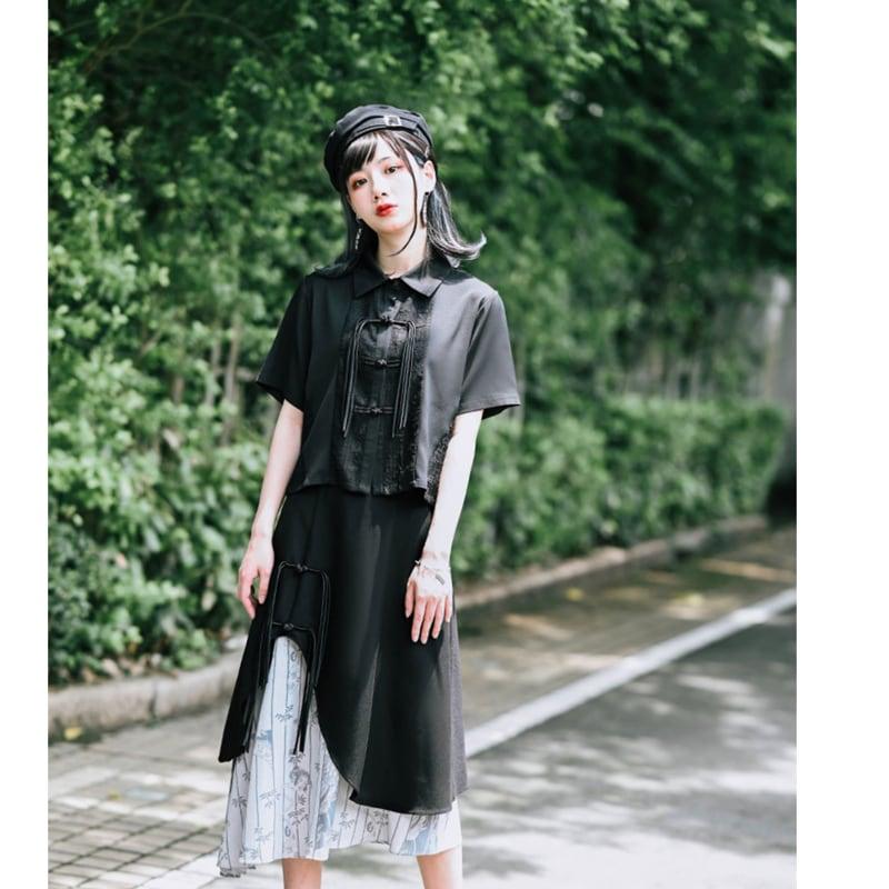 【古怪舍---竹魅シリーズ】★チャイナ風スカート★ フリンジ 中華服 オリジナル 配色 不規則 ブラック 黒い - ChinChic