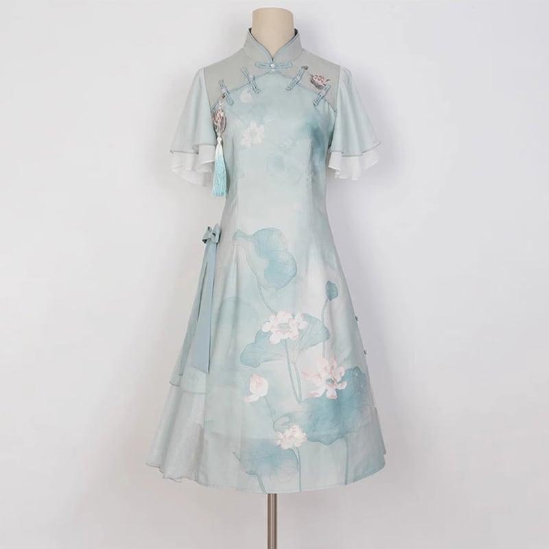 【楓竹---青荷シリーズ】★チャイナ風ワンピース★ 漢服ワンピース 中華服 可愛い プリント 気質アップ - ChinChic