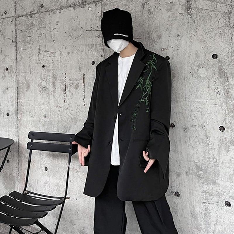 【入画シリーズ】★チャイナ風アウター★ ブレザー 竹 刺繍 男女兼用 メンズ ブラック 黒い かっこいい - ChinChic