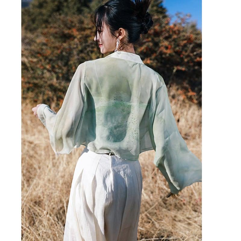 【大青龍肆シリーズ】★チャイナ風シャツ★ トップス 長袖 透け感あり シフォン プリント グリーン 緑 - ChinChic