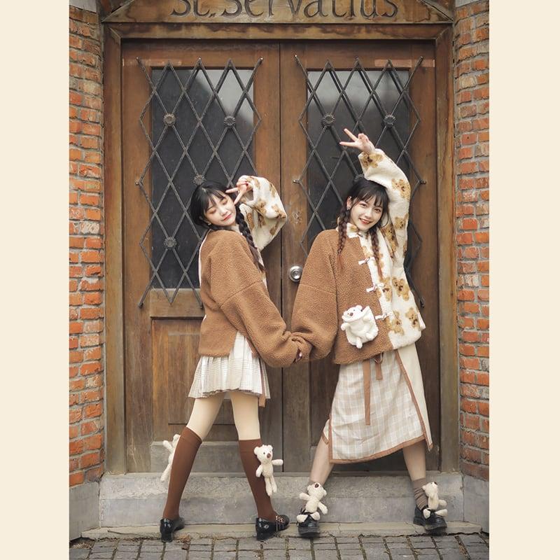 【観織シリーズ】★チャイナ風コート★ アウター もふもふ チャイナボタン くま ベアー 熊 可愛い 暖かい 厚て - ChinChic