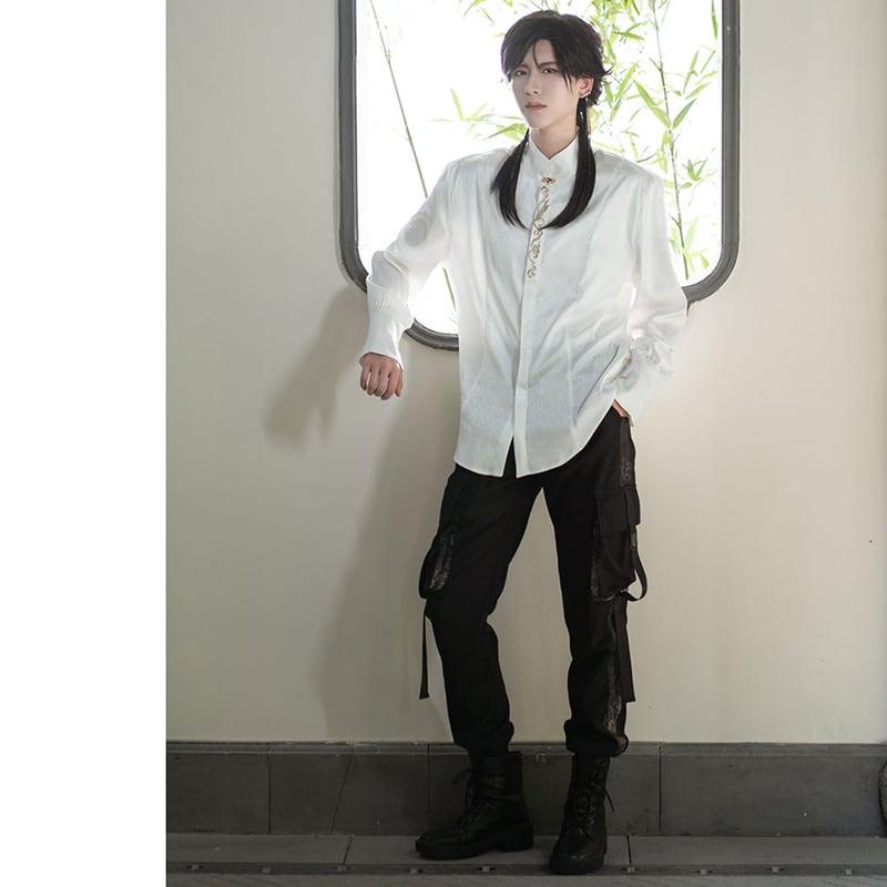 ✿新作!【卿棠---雲中君シリーズ】★チャイナ風シャツ★ 長袖シャツ 刺繍 中華服 合わせやすい 男女兼用 メンズ ホワイト 白い - ChinChic