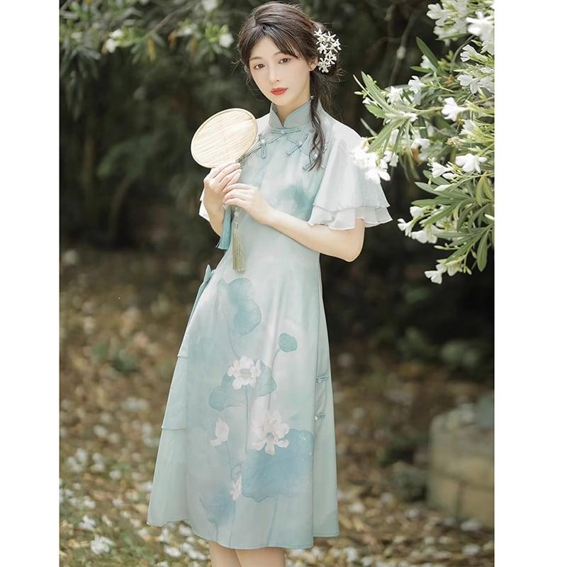 【楓竹---青荷シリーズ】★チャイナ風ワンピース★ 漢服ワンピース 中華服 可愛い プリント 気質アップ - ChinChic