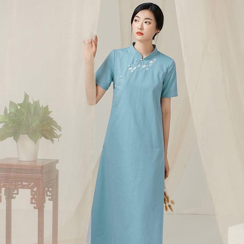 【宋姿シリーズ】★チャイナ風ワンピース★ 刺繍入り ロング丈 半袖 夏服 春服 ブルー 青い チャイナ服 - ChinChic