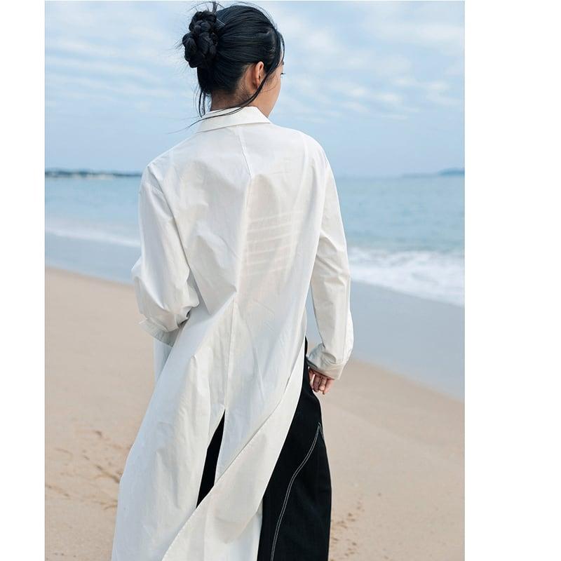 【大青龍肆シリーズ】★チャイナ風シャツ★ ロングシャツ トップス 無地 オリジナル シンプル 合わせやすい 白 - ChinChic