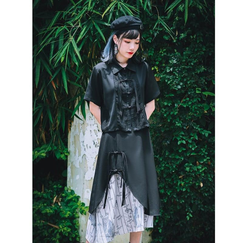 【古怪舍---竹魅シリーズ】★チャイナ風スカート★ フリンジ 中華服 オリジナル 配色 不規則 ブラック 黒い - ChinChic